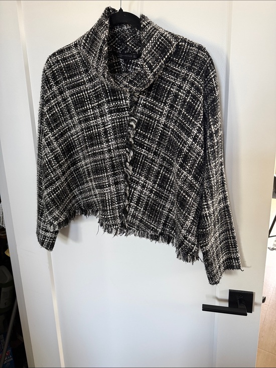 Zara Sweaters - Zara Black & White Plaid Fringed Knit Poncho